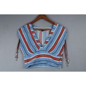 Studio F Women Top XXS Decorative Charms Vneck Sleeveless Striped Red Blue White